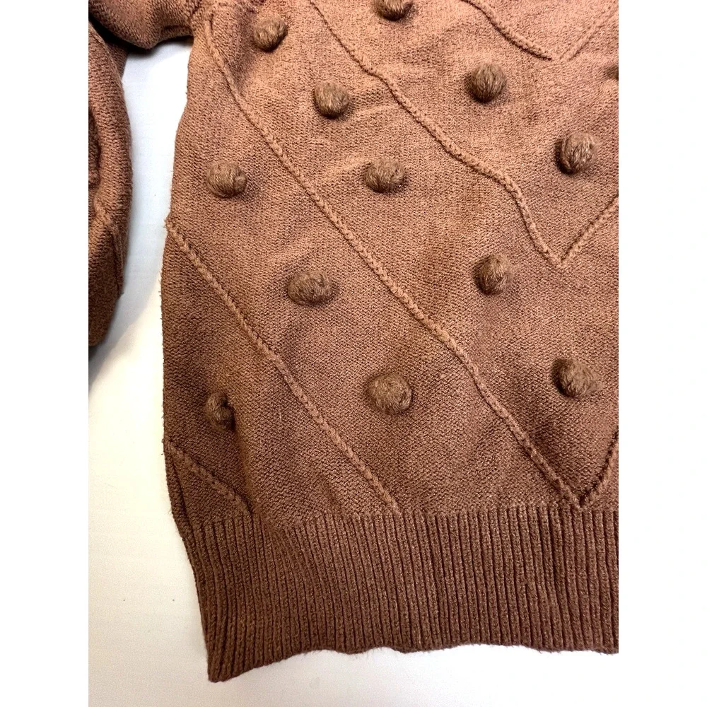 Simplee Sweater Women Small Brown Ball Embellishment Lantern Sleeves Work School